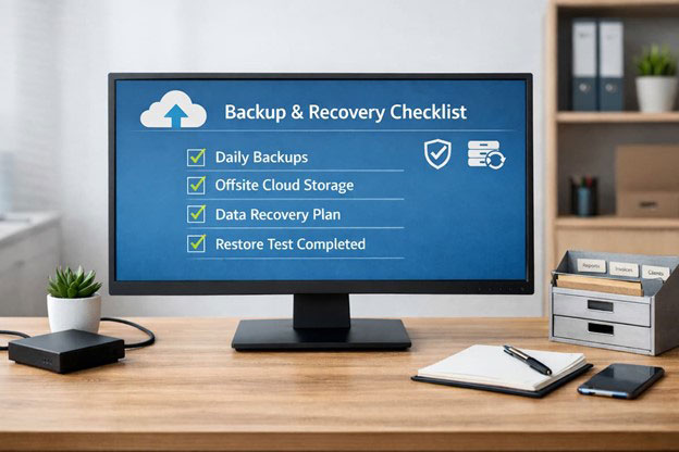 Digital backup and recovery planning concept for a small business office in Little Rock, Arkansas.