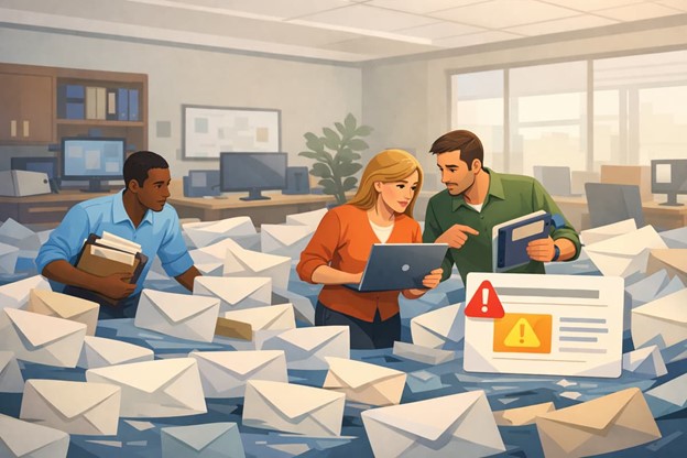Small-business staff reviewing a rush of tax-season emails in Little Rock, Arkansas, with one message flagged for a phishing check.