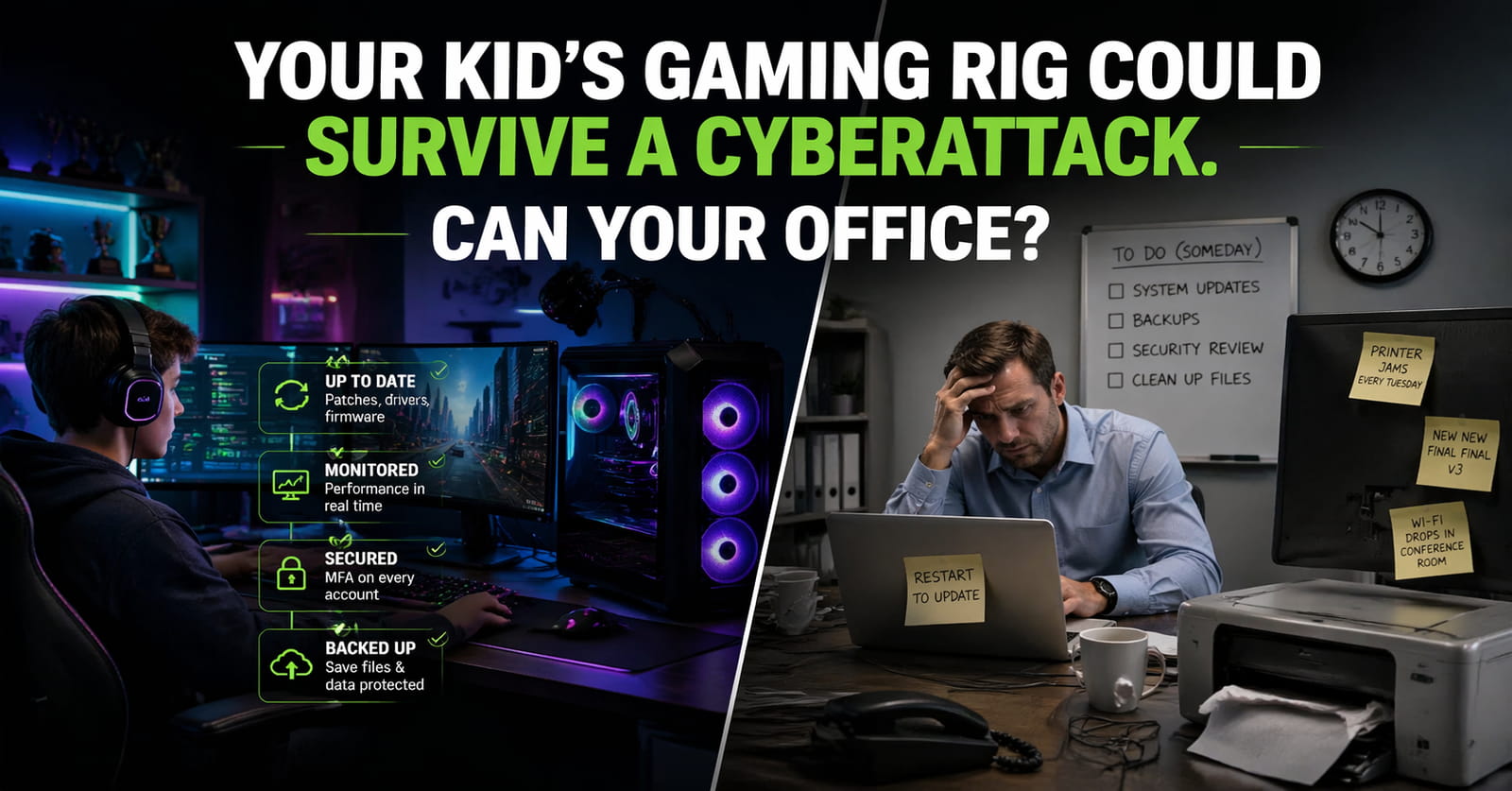 Hero illustration contrasting modern gaming performance with outdated office technology for Central Arkansas businesses