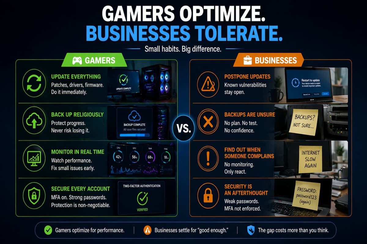 Side-by-side comparison of an optimized gaming setup and outdated office technology in Little Rock