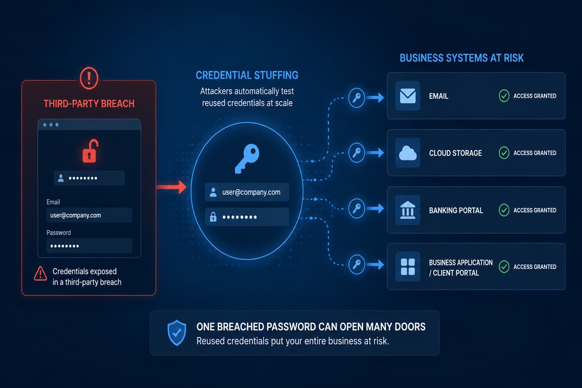 Credential stuffing illustration showing reused passwords putting Little Rock businesses at risk